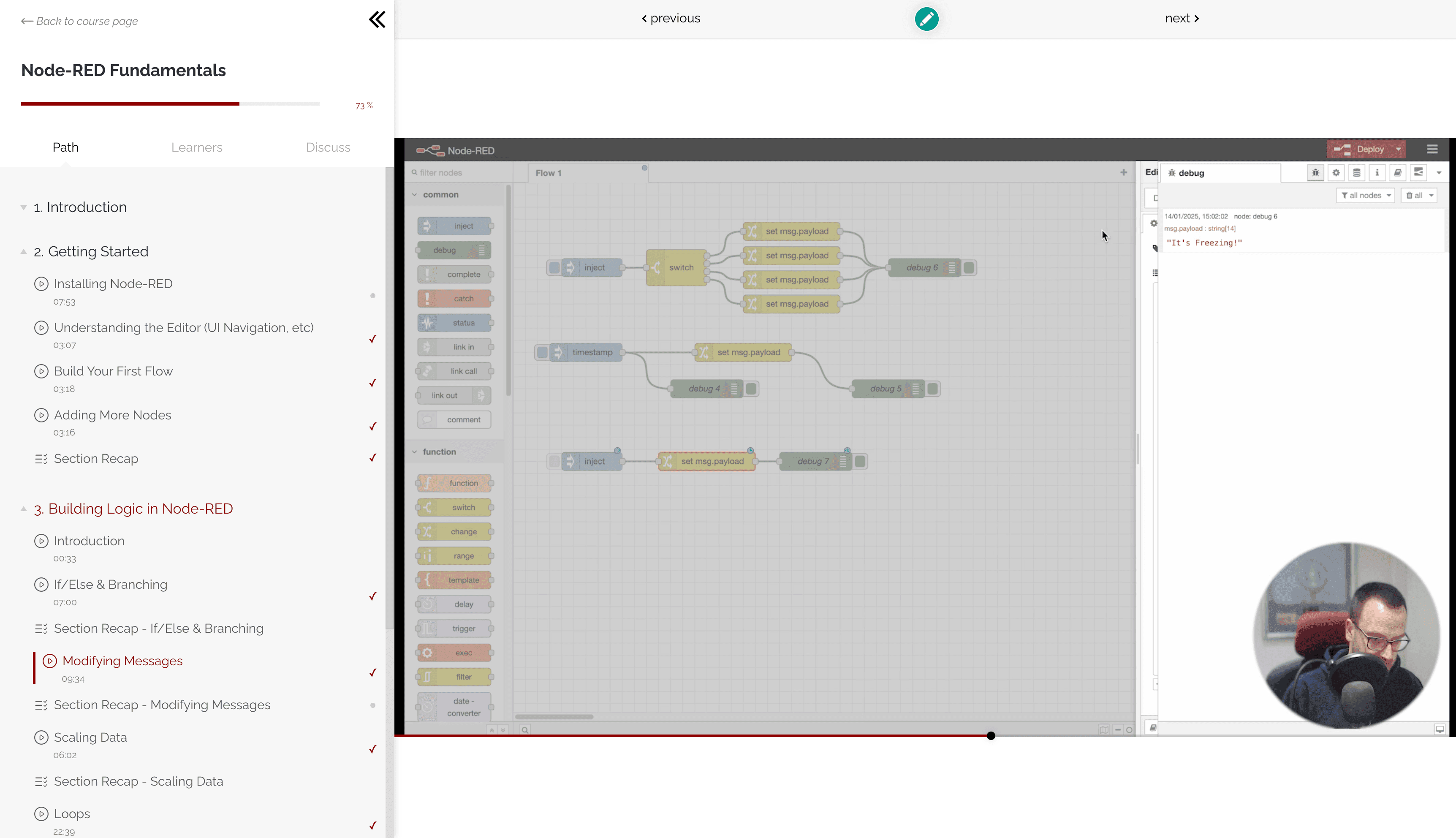 Screenshot of the Node-RED Fundamentals course in progress