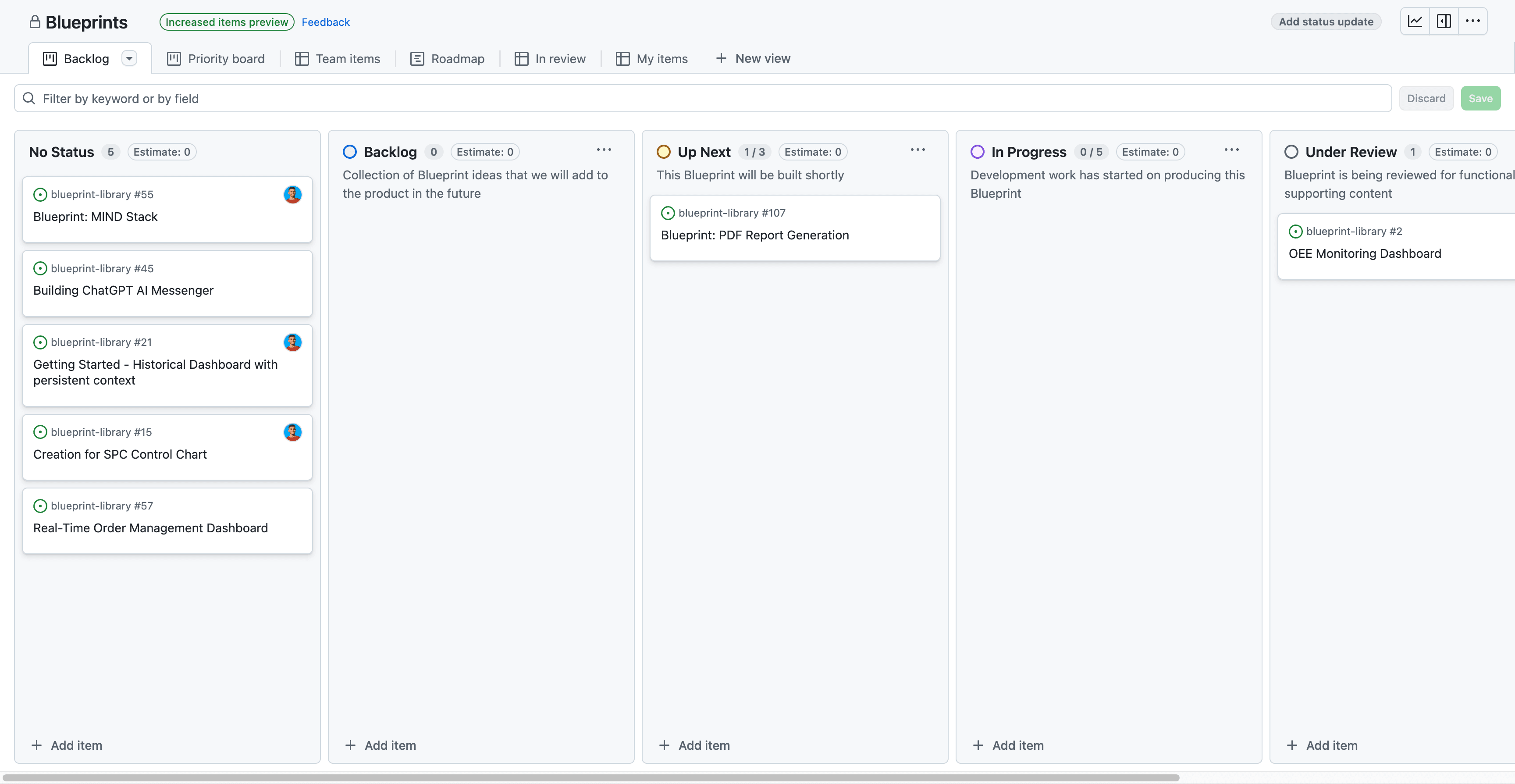 Screenshot of the Blueprint Project Board