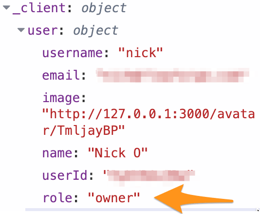 Screenshot showing the inclusion of the user's role within Dashboard's "user" object